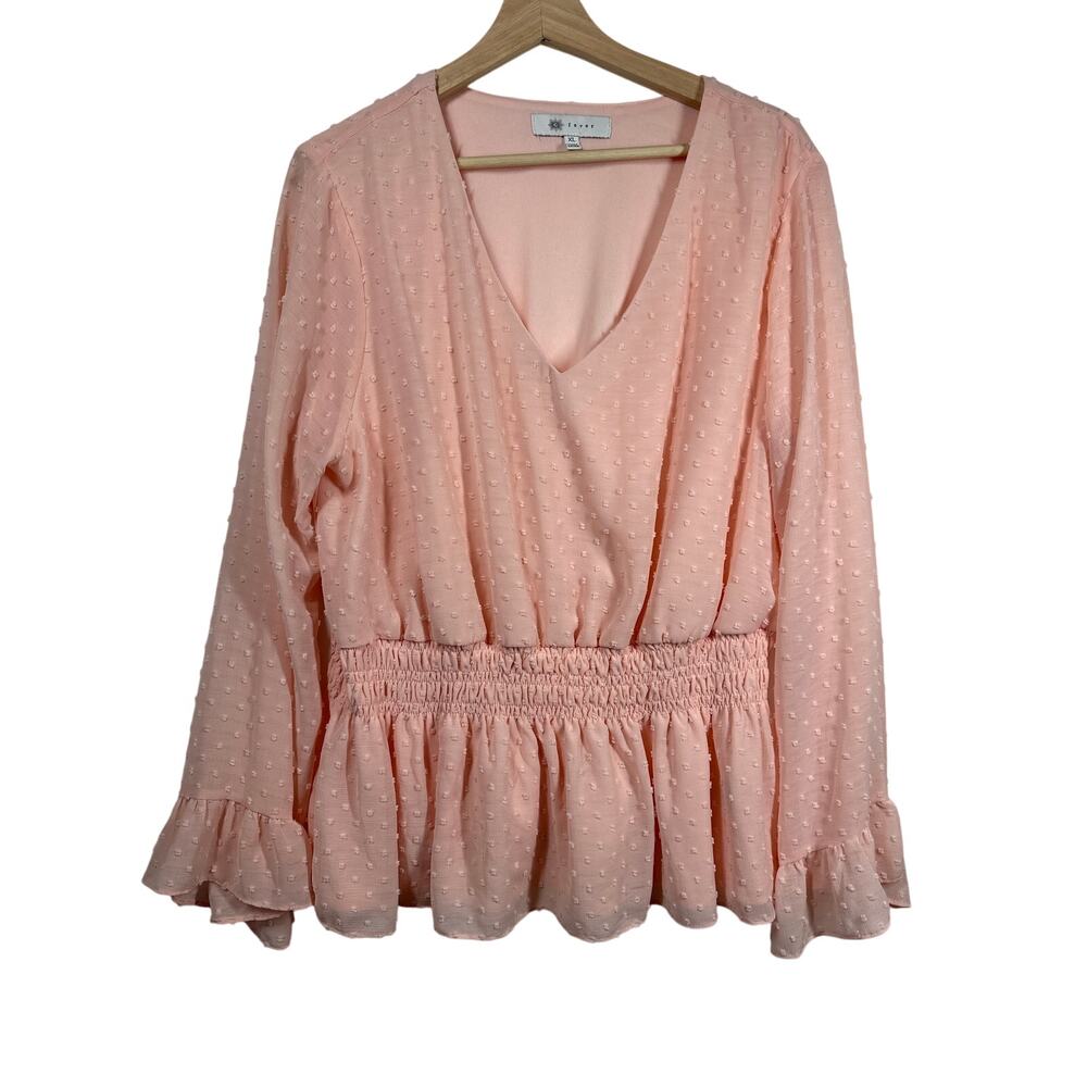 Fever Smocked Waist Long Bell-Sleeve Clip-Dot Blouse Top Pink Sz XL Cottagecore